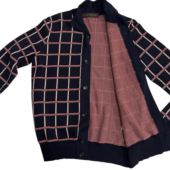 LOUIS VUITTON Jacquard Windowpane Check Cardigan Navy Wool - Picture 7 of 13